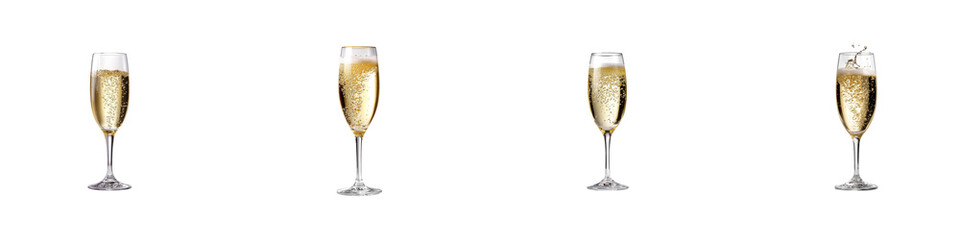 Set of Sparkling Champagne Glasses with Bubbles and Foam for Celebration Isolated on Transparent Background