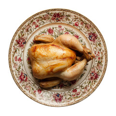 Cooked chicken carcass on a beautiful plate top view, clipart