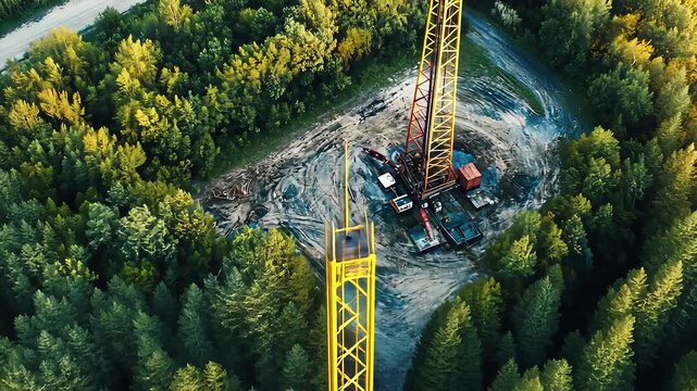 Oil mining tower standing tall in dense green forest during daytime
