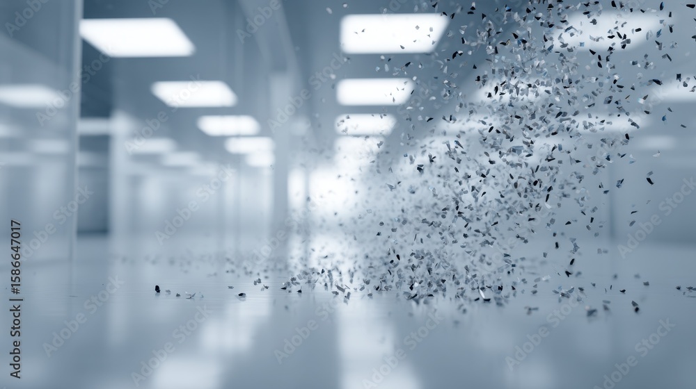 Poster metallic smart dust particles converge within a designated area of a cleanroom, exhibiting precise a