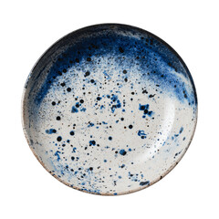 Beautiful white ceramic round plate with blue decorative drops on it, clip art top view