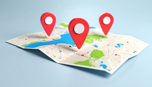 Folded map with three red location pins