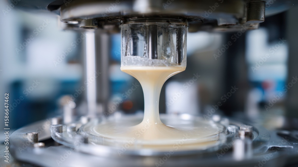 Poster viscous biocompatible material is being carefully dispensed onto a platform, demonstrating its consi