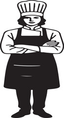 Illustrated silhouette of a confident female chef wearing uniform and apron standing