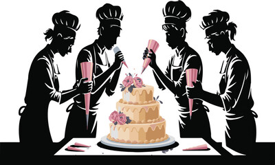 Silhouette of bakers decorating a tiered cake with piping bags and floral embellishments