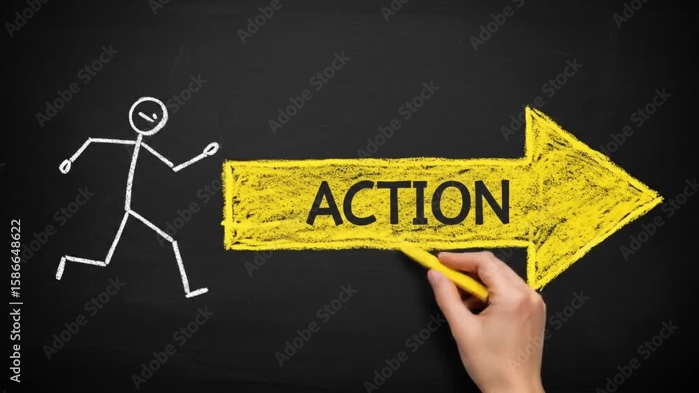 Poster stick figure running towards a yellow arrow with the word action drawn on a chalkboard surface