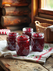 Four decorative glass jars filled with raspberry jam are arranged on a white towel with red embroidery, set on a rustic wooden table near a window in a log cabin kitchen. 