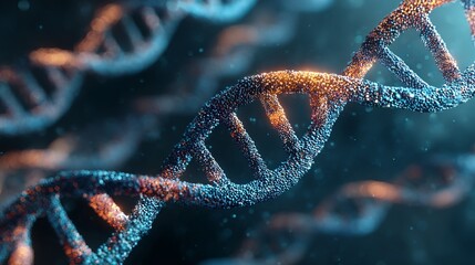 Stunning close-up visualization of DNA's double helix structure, rendered in intricate detail, glowing with blue and orange bioluminescence.