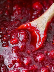 Boiling raspberry jam with wooden spoon close-up