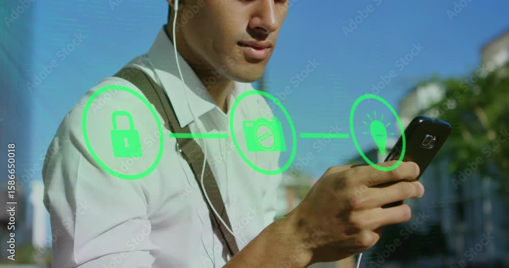 Poster Man checking smartphone initiating tech with padlock, camera capturing and pulsing lightbulb icons