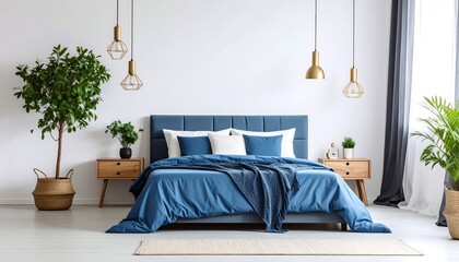 Modern bedroom interior with blue bedding