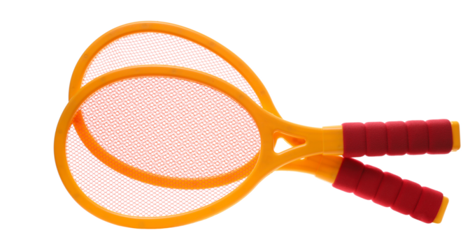 Badminton set made of plastic for children, isolated on white background. Toy racket clipping path