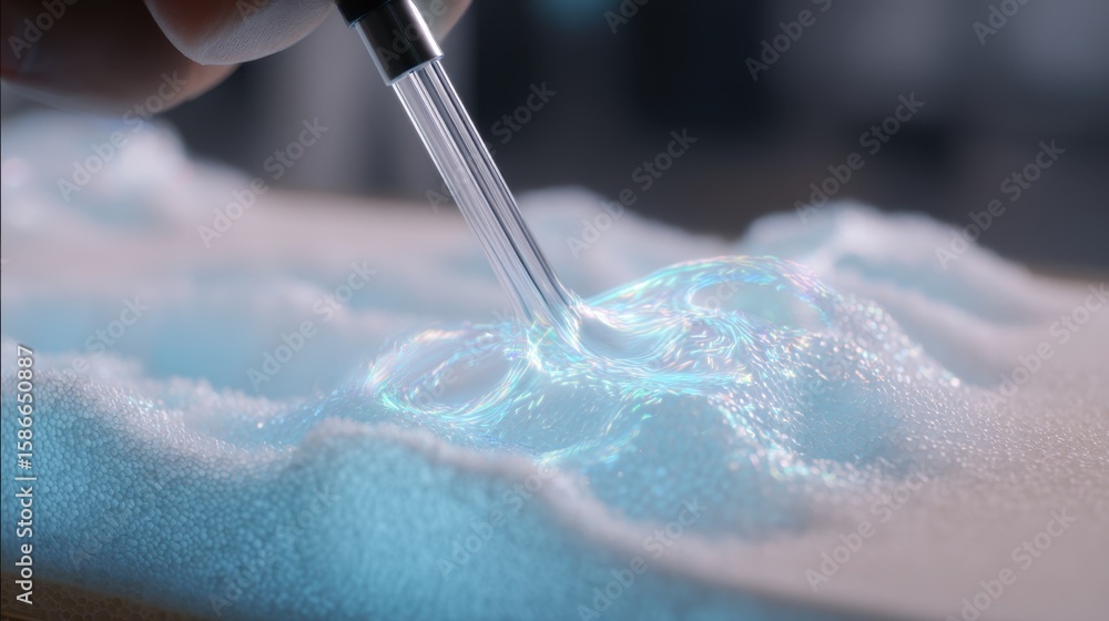 Poster laboratory technician injects a drop of transparent liquid into a soap bubble resting on a biodegrad