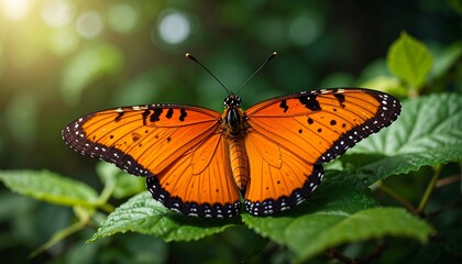 Obraz premium Vibrant orange butterfly perched on lush green leaves