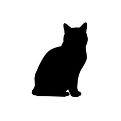 Black silhouette of sitting cat, vector illustration. Pets, grooming and vet clinics. Misterious symbol of halloween and magic