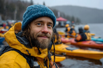 Smiling man in yellow jacket and blue hat with kayakers in background portrait