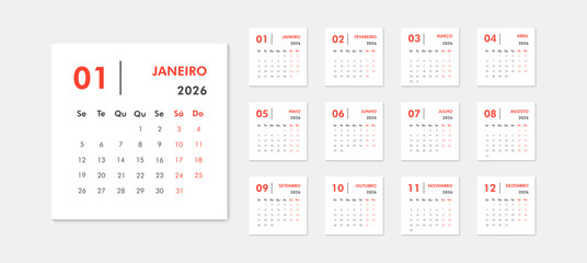 Black and red portuguese calendar for 2026. Large month of January on left, thumbnails of all months on right, Monday week start