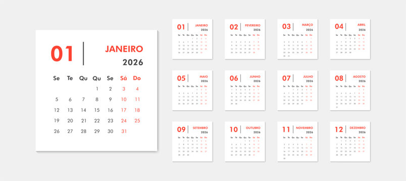 Black and red portuguese calendar for 2026. Large month of January on left, thumbnails of all months on right, Monday week start