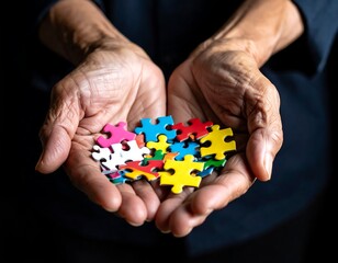 Aged hands holding colorful puzzle pieces