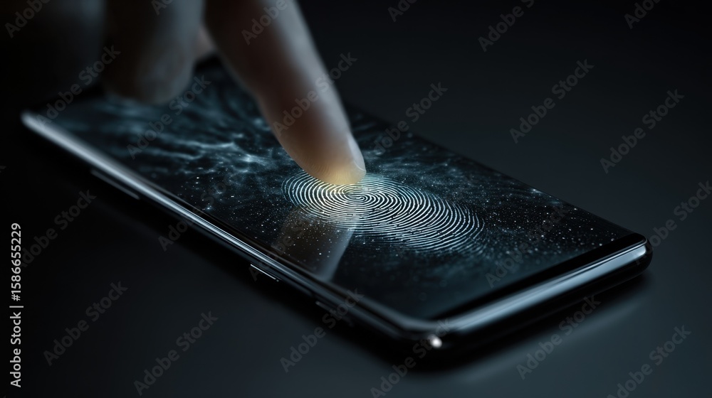 Poster a stylish smartphone resting on a sleek surface activated by a fingerprint touch on the indisplay bi