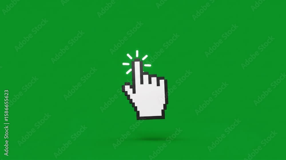 Poster pixelated hand cursor with a glowing fingertip pointing upwards on a plain green background space