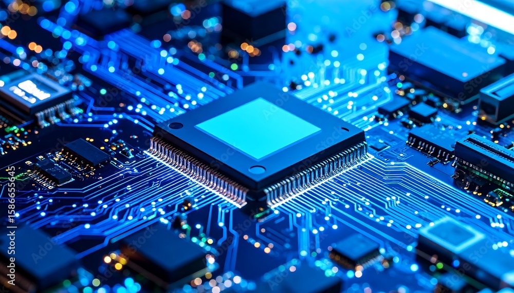 Poster close-up of a complex circuit board with central processor