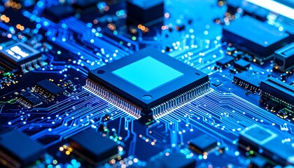 Close-up of a complex circuit board with central processor