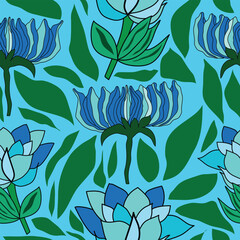 blue flowers with green leaves on blue background seamless pattern. blue colored flower buds with open roses and green leaves on blue background seamless pattern. Good for textile, fabric, wrapping.