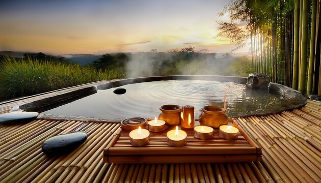 serene outdoor spa with bamboo hot springs and candles