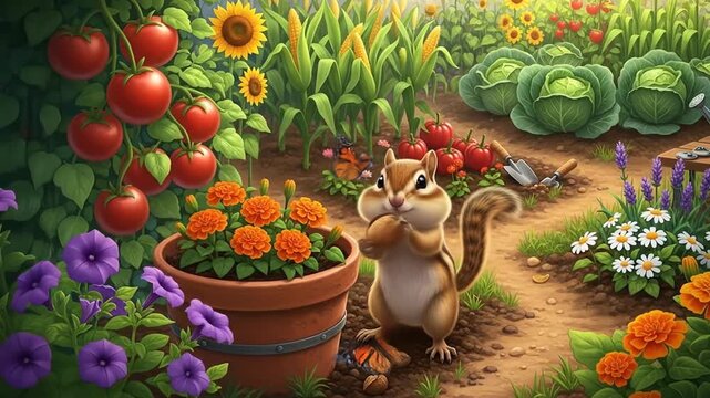 A cartoon squirrel happily gardening among vibrant flowers and vegetables in a sunny garden