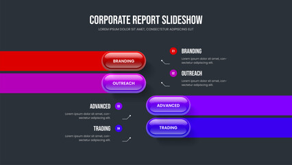 Business Strategy Four Option Diagram Slide Template. Company Visualization Slideshow Design Vector Illustration. Enterprise Plan 4 Step Infographic Frame Layout.