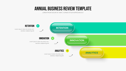 Project Performance Three Option Diagram Presentation Layout. Creative Development 3 Element Infographic Slide Template. Advertising Insight Slideshow Design Vector Illustration.