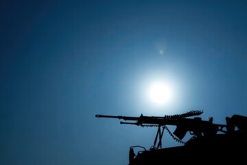 Military vehicle machine gun, sunny sky, tactical, defense