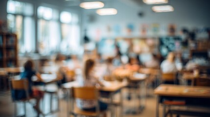 Soft focus classroom scene showing desks and students studying under bright lights in warm tones with muted colors.