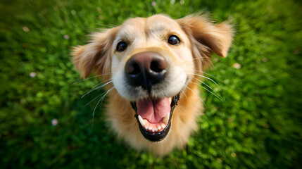 Happy golden retriever smiling outdoors in green grass field