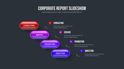 Consulting Development Slide Design Vector Illustration. Project Innovation 4 Option Diagram Presentation Template. Service Overview Four Step Infographic Frame Layout.