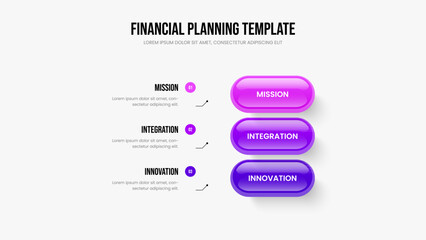 Creative Overview 3 Step Infographic Presentation Template. Company Report Three Element Diagram Slide Layout. Investor Review Slideshow Design Vector Illustration.
