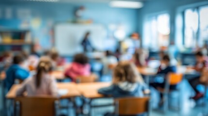 Obraz premium Dreamy classroom filled with young minds, desks aligned and ready, eager to learn with the teacher on the background.