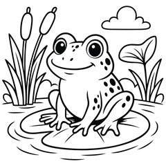 Delightful Cartoon Frog in its Habitat, Perfect for Children's Coloring Books and Educational Materials, An Adorable Frog Sitting on a Lily Pad in a Pond Scene