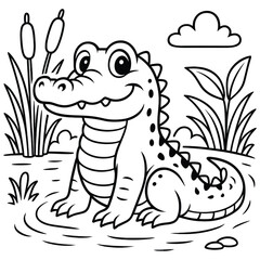 Cheerful Cartoon Crocodile in a Swampy Scene, Whimsical Alligator Coloring Page for Kids and Adults