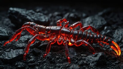Glowing red arachnid on dark volcanic rocks
