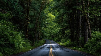 A forest road curves into the distance, surrounded by tall trees and lush greenery