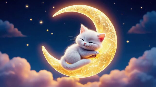 Adorable Cat Sleeping on Crescent Moon &ndash; Lullaby Loop Animation