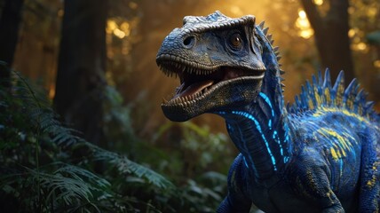 Dino, glowing blue, jungle backdrop