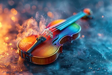 Fototapeta premium a violin on fire with vibrant rainbow flames and smoke tendrils, dark orchestral atmosphere, dramatic studio lighting