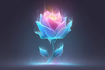 a futuristic rose made of liquid glass and fire, petals glowing with gradient neon hues, surrounded by colored mist on dark background