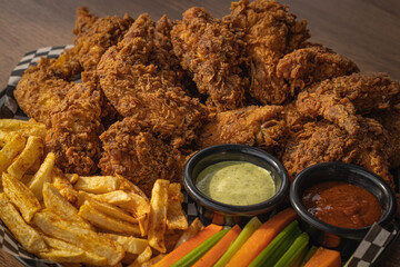Crunchy Fried Chicken Wings with Fries and Vegetables.