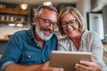 Grandparents engage with tablet for video call in cozy living room