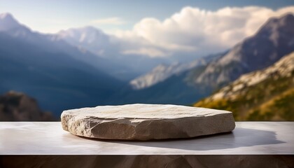 stone podium product stand or display with blur mountains and clouds background backdrop for product presentation advertising mockup showcasing with copy space
