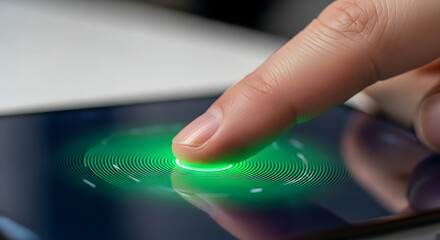 Fingertip gently scans a glowing green fingerprint sensor on a smartphone screen.